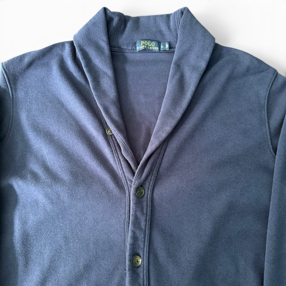 Polo Ralph Lauren Shawl Collar Cardigan Men L Blue Cotton Button Up Knit Sweater - Picture 8 of 15
